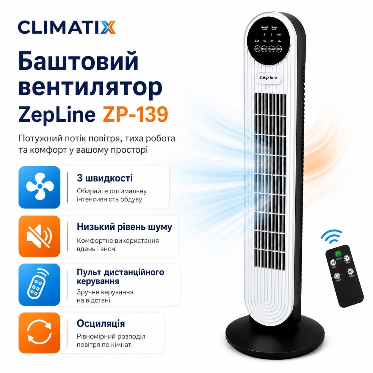 Підлоговий вентилятор Zepline ZP-139 з пультом, 500Вт — фото 19